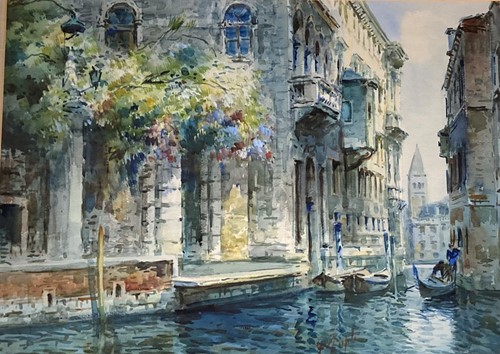 Lot 589 - A Venetian canal scene, watercolour on paper,...