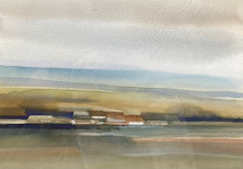 Lot 561 - A coastal town with dunes, watercolour on...