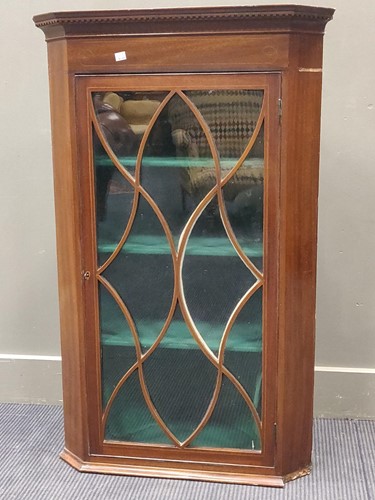 Lot 475 - A mahogany and strung hanging corner cabinet...
