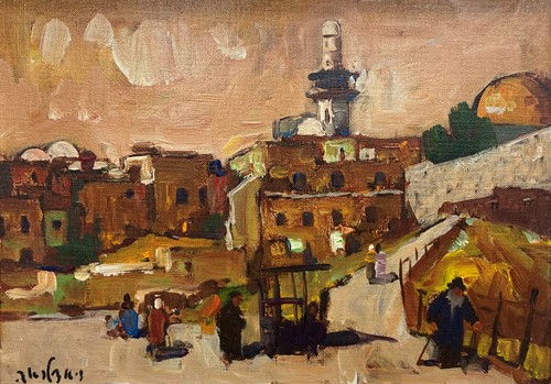 Lot 614 - Modern street scene, probably Jerusalem, oil...