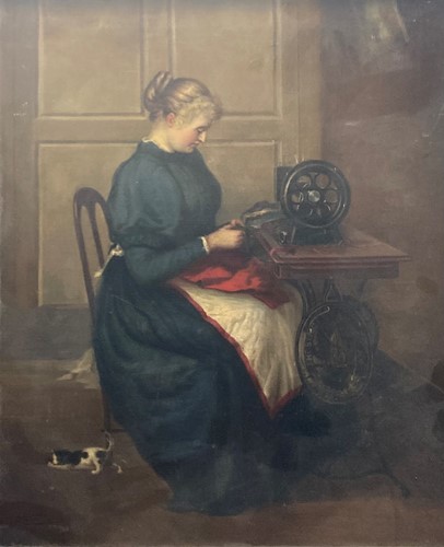 Lot 595 - J. Worthingley Lady sewing by a kitten playing...