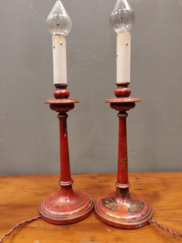 Lot 759 - A pair of 1930's red chinoiserie table lamps...