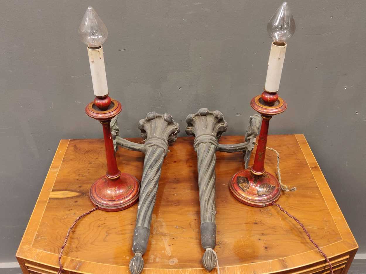 Lot 759 - A pair of 1930's red chinoiserie table lamps...
