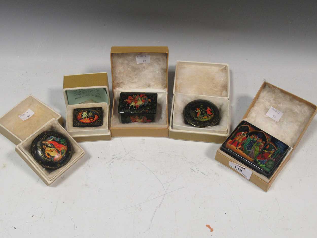 Lot 119 - Five Russian painted lacquer Palekh boxes- The...