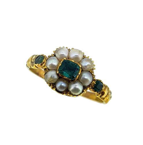 Lot 91 - A Georgian emerald and pearl memorial ring
