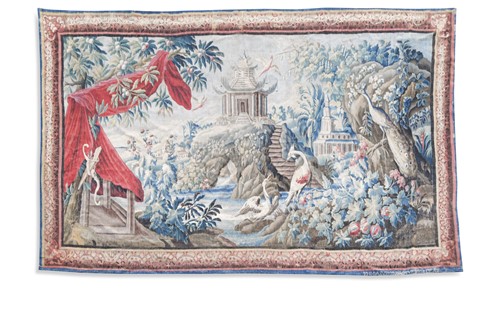Lot 355 - An Aubusson chinoiserie verdure tapestry, after Jean Pillement, late 18th / early 19th century