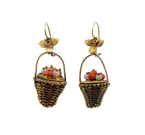 Lot 121 - A pair of coral basket ear pendants