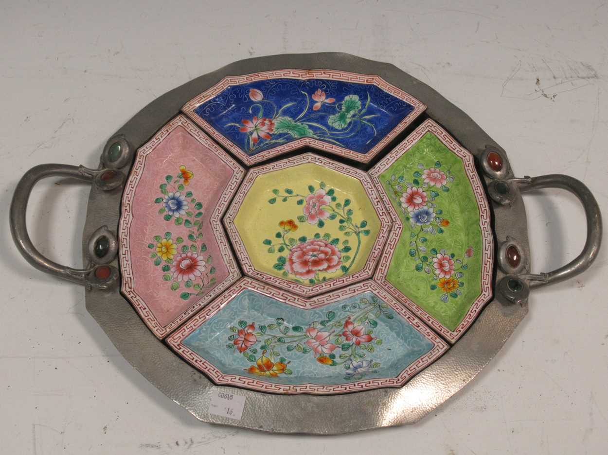 Lot 80 - A Chinese pewter and hard stone mounted hors d'...