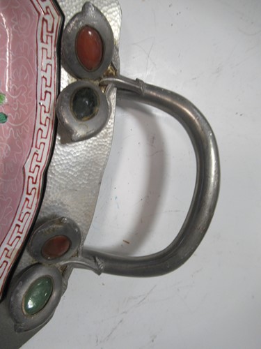 Lot 80 - A Chinese pewter and hard stone mounted hors d'...