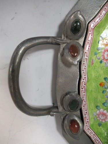 Lot 80 - A Chinese pewter and hard stone mounted hors d'...