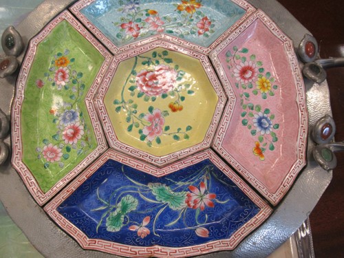 Lot 80 - A Chinese pewter and hard stone mounted hors d'...