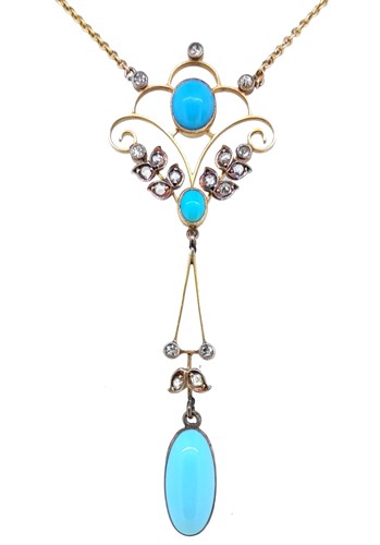 Lot 145 - An Art Nouveau turquoise and diamond necklace