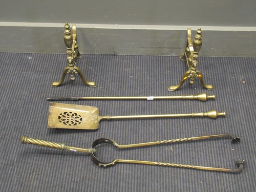 Lot 463 - A set of brass fire dogs and tongs, to include...