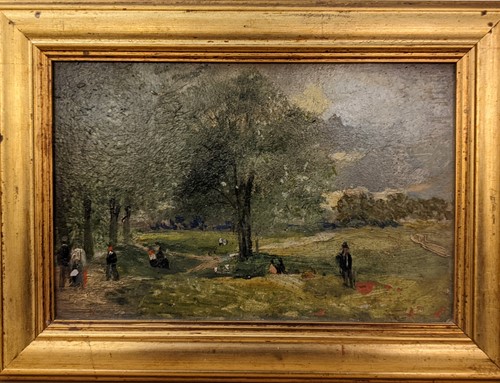 Lot 322 - M. Sang (French) Figures in a woodland Oil on...