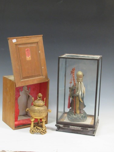 Lot 64 - A Chinese moulded gilt censor, in wooden case...