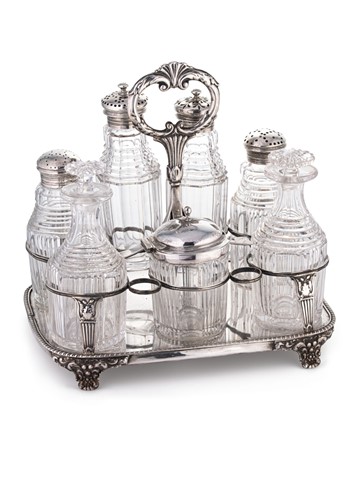 Lot 567 - A George IV silver table cruet set and stand with two additions