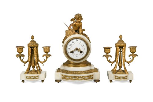 Lot 593 - A French white marble clock garniture, 19th century