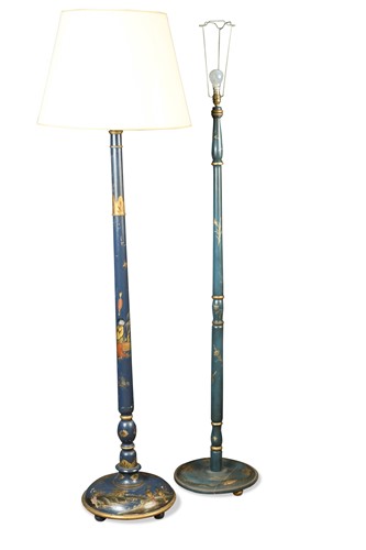 Lot 398 - Two similar chinoiserie blue and gilt standard lamps, 20th century
