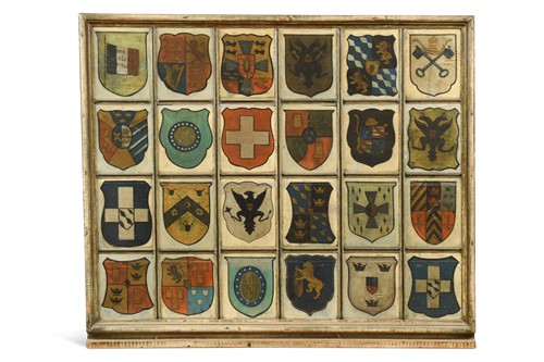 Lot 409 - A decorative panel painted with twenty-four armorial shields, 19th century