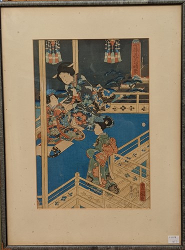 Lot 311 - Three Japanese prints, two on linen, one on...
