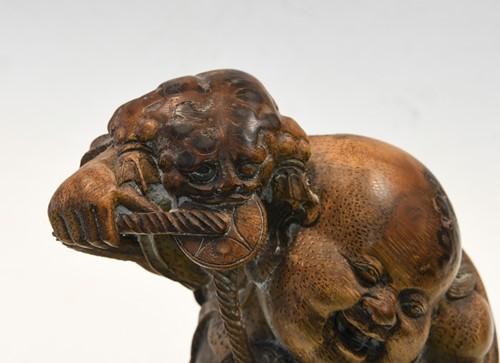 Lot 160 - A Chinese bamboo carving of Liu Hai and the greedy toad, Qing Dynasty, 19th century