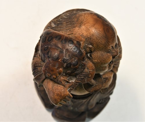 Lot 160 - A Chinese bamboo carving of Liu Hai and the greedy toad, Qing Dynasty, 19th century
