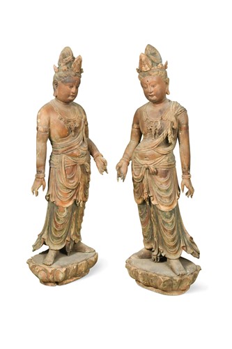 Lot 155 - A large pair of Chinese carved wood and polychrome lacquered Bodhisattvas, Qing Dynasty or later