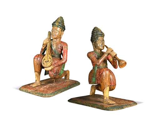 Lot 181 - Two North India/ Nepal carved and painted wood large musician figures, early 20th century