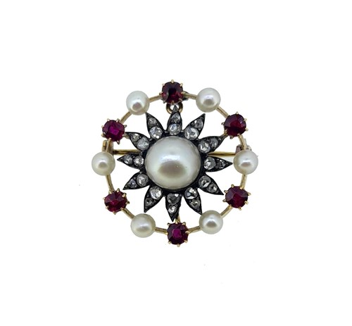 Lot 159 - A Victorian pearl, ruby and diamond floral brooch
