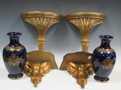 Lot 61 - A pair of French blue vases and gilt wall...