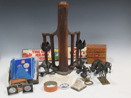 Lot 36 - Metalware - pen rest, pair bull vessels or...