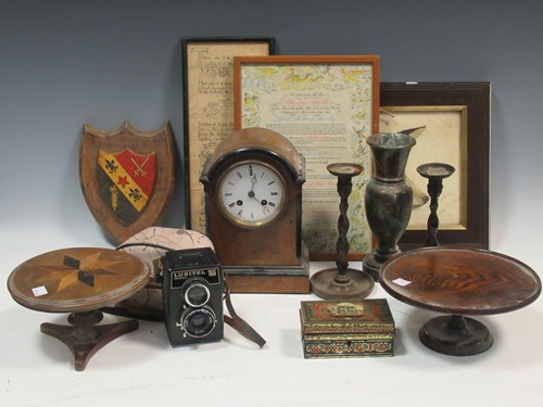 Lot 62 - Edwardian mantel clock, 2 miniature tables,...