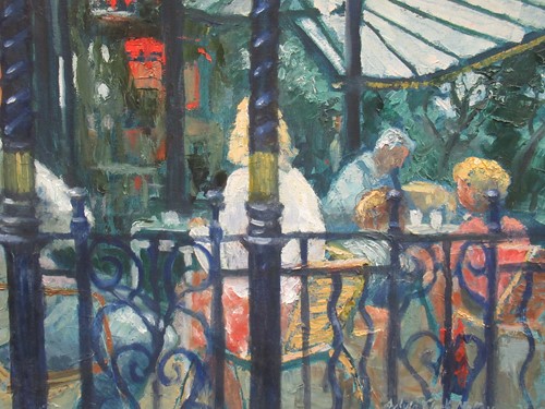 Lot 421 - Sylvia Clark-Molloy, Figures on a Terrace, oil...