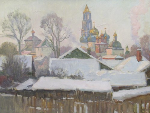 Lot 408 - Russian School, View of a Town, oil on canvas,...