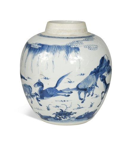 Lot 6 - A Chinese eight lucky horses blue and white porcelain jar, Kangxi (1662-1722)