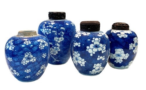 Lot 11 - Four Chinese blue and white export porcelain ginger jars, Qing Dynasty, 18th/19th century