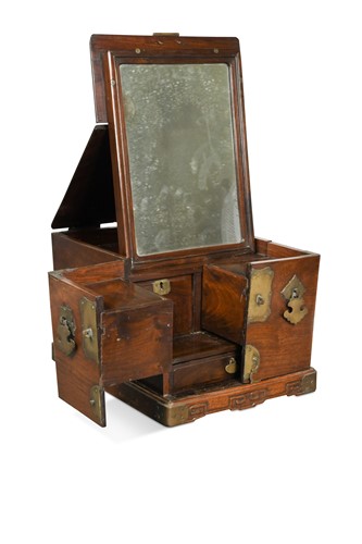 Lot 171 - A Chinese huali wood and brass mounted cosmetic box, Qing Dynasty, late 19th century