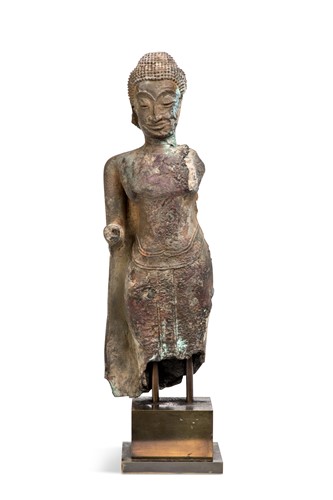 Lot 77 - A Thai bronze core on clay standing Buddha, Ayutthaya style