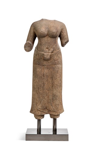 Lot 58 - A pale grey stone female deity torso, Khmer, Baphuon 11th century style
