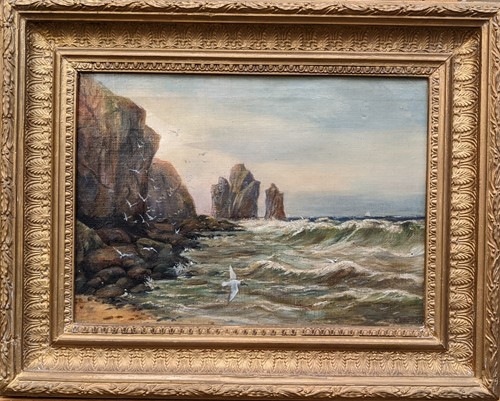 Lot 407 - G Bates, seascape with cliffs and gulls,...