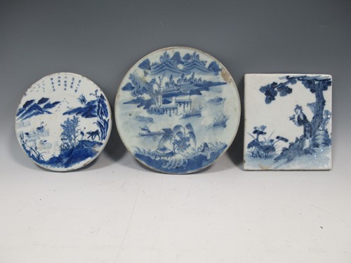 Lot 37 - 3 Chinese porcelain blue and white tiles
