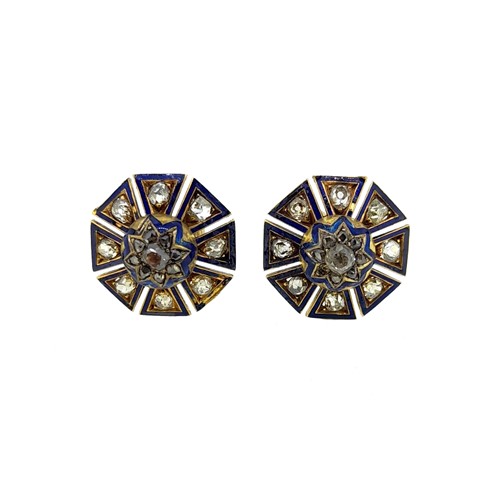Lot 140 - A pair of diamond and enamel ear studs