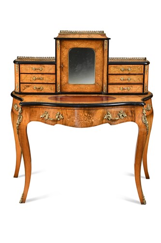 Lot 432 - A gilt mounted walnut and ebonised serpentine writing desk, 19th century