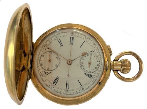 Lot 355 - Unsigned - A Swiss 18ct gold chronograph full hunter pocket watch