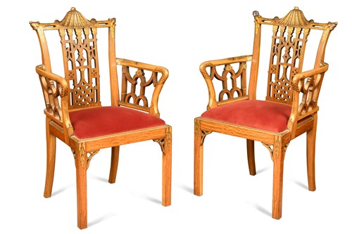Lot 468 - A pair of Chinese Chippendale revival painted satinwood elbow chairs, early 20th century