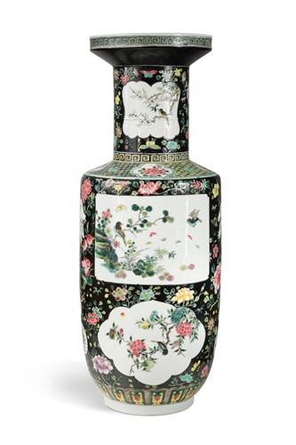 Lot 31 - A Chinese famille noir rouleau vase, mid 20th century
