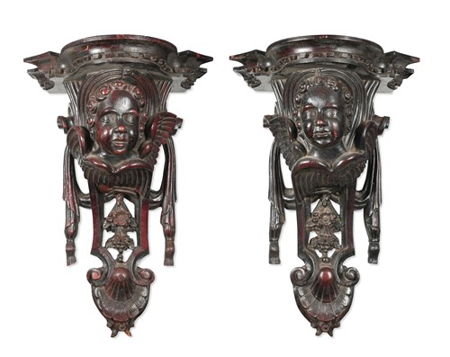 Lot 513 - A pair of 17th century style carved and stained wall brackets, 20th century
