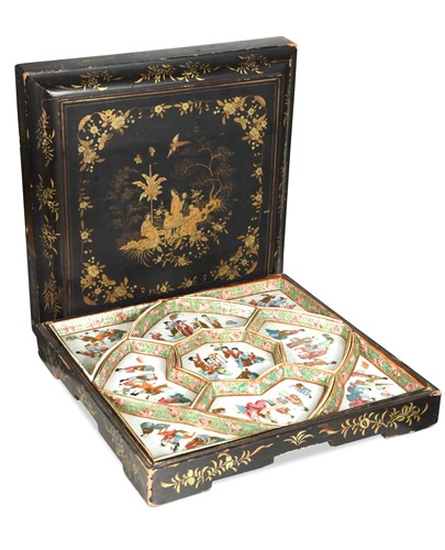 Lot 169 - A Chinese famille rose porcelain supper set in a fitted lacquer box, Qing Dynasty circa 1850-70