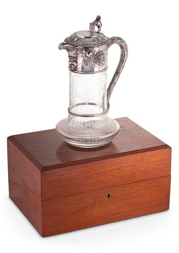 Lot 598 - A cased Victorian silver and glass claret jug