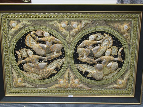 Lot 377 - An embroided picture depicting a Thai dancers,...